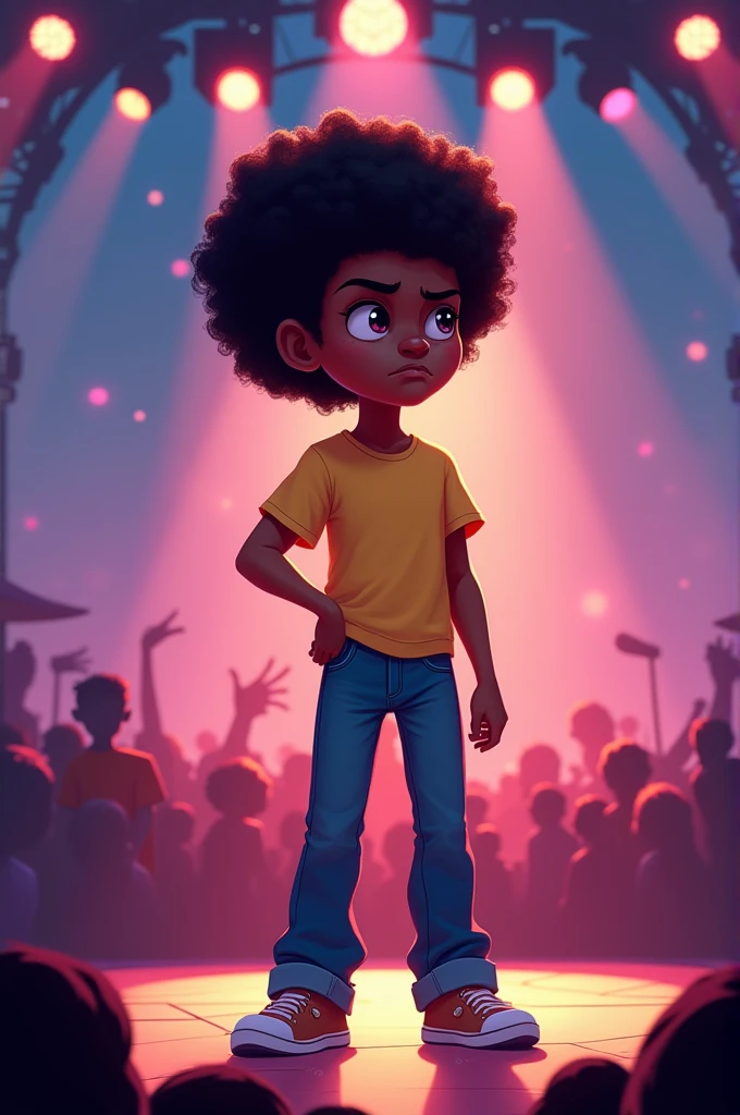 Disney Pixar (YOUNG BLACK BOY WITH LONG BLACK CURLY HAIR) He is walking the streets of the neighborhood with a gun on his waist, no shirt on the body, with a WY STRONG SIL tattoo, Black baggy pants, White sneakers, many gold threads around the neck, gold watch on wrist. pixar, cool and stylish