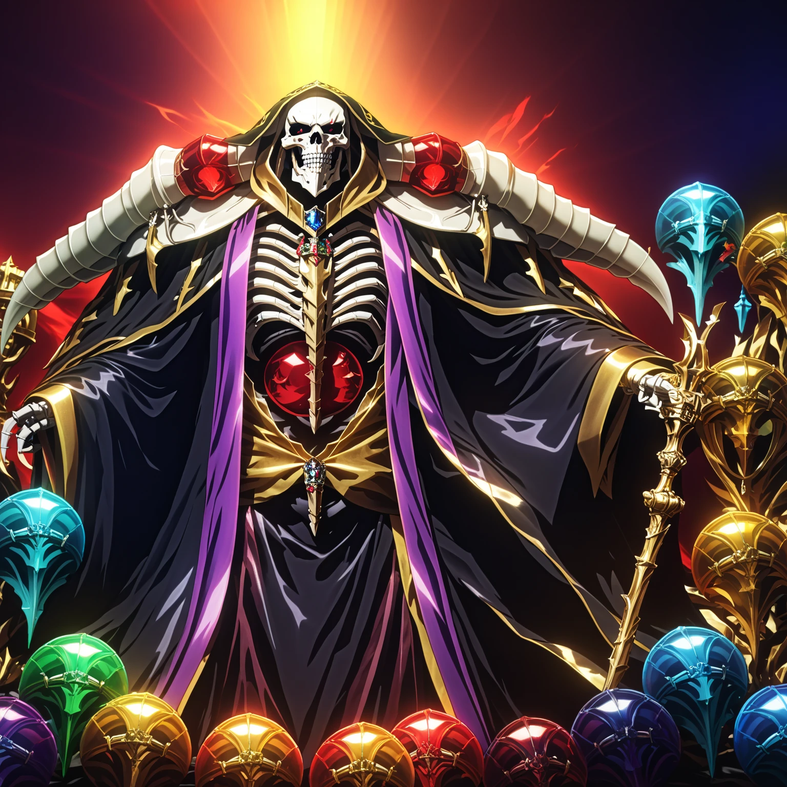  score_9,  score_8_above,  score_7_above,  score_6_above,   source  _animated,  Best Quality ,  Masterpiece, colorful,  very aesthetic, animated,  BREAK Ainz opal robe, Skeleton, Lich,  dark tunic ,   red dot eyes  , overlord, So-bin style , Teeth, hood