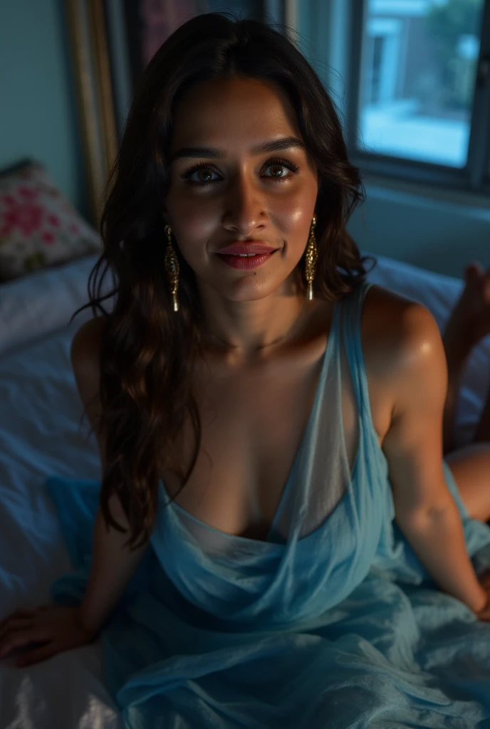 close up photo of sexy indian house wife, sitting on a bed, wearing no blouse, wearing only sari, sari covering only one breast, showing one nude breast, nude breast and nipple seen, nsfw, bend over, figure, lying on bed, erotic wide open spread legs, seductive eyes, sultry, look at viewer and subtle smile, wearing a see through blue sheer transparent saree, twilight time, erotic mood, no makeup, large windows, detailed home, ultra realistic, 4K, HD, nsfw