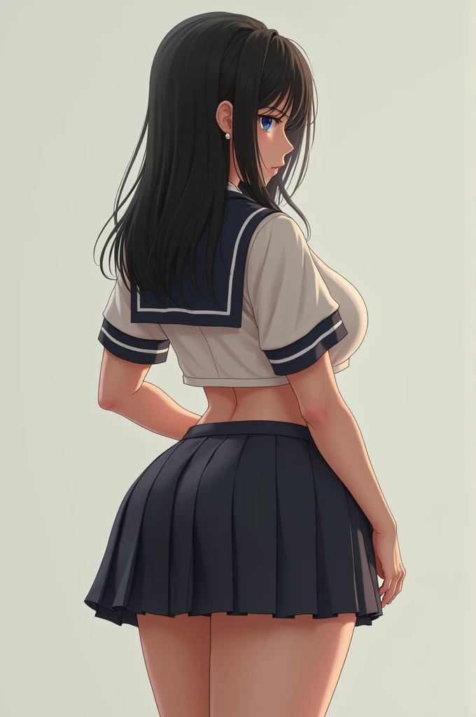 a black ink drawing in outline and colors, character: Hayase Nagatoro in a uniform consisting of an unbuttoned blouse with a wide neckline showing a bra and thong under a cowboy mini skirt, She is a girl with a large but firm and rounded bust with covered nipples, She likes sexy poses, Open legs and rounded and firm butt like her heroine Sailor Moon, Leaning forward, slightly lifting her miniskirt, you can see her buttocks.,1 girl view. (The work signed by "MemMt" In the lower right corner), white background, rear side lighting, full body shot, Sexy angle, 