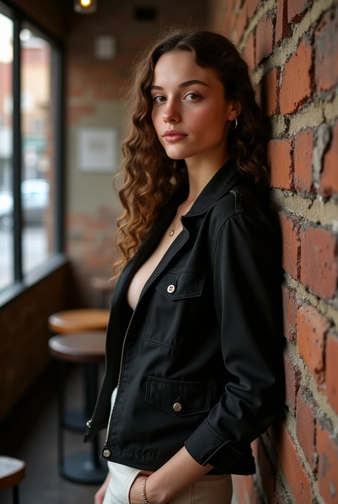 woman, lovelilahflux,Leaning against a rustic brick wall wearing an o black utility jacket, in the cafe public