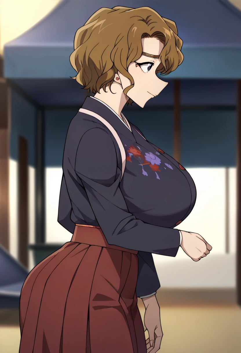 Hyper realistic,  big butt , Big hips,

Momiji Ooka,brown_hair,wavy_hair, short_hair,blue_eyes, jewelry,stud_earrings, earrings,black kimono, tasuki, red hakama_skirt,Floral_print,

( Blurry Background, ),, perfect face, perfect lighting,  , ,huge breasts, from the side:2、boob tent、side view、