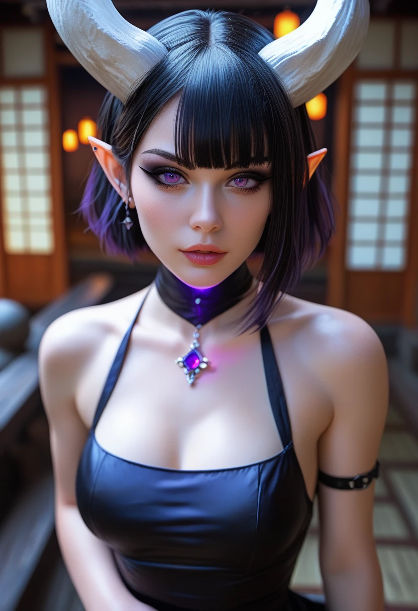 Beautiful young girl, light tone and light hue purple aura around her body, light tone purple glow around the body, blond hair, bob haircut, short hair, beautiful purple eyes, purple glowing eyes, ((purple eyes:1.4)), (eyes glowing purple), beautiful face, looking to the viewer, (cruel expression), (expression of ecstasy), vampire fangs protruding, ((vampire fangs protruding:1.5)), raw photo, 8k, high detailed, ((in the swimming pool:1)), purple see through slingshot swimsuit)), ((big boobs)), textured skin, (high detailed skin), ((detailed-fingers)), detailed fingers, big boobs, ((seductive poses)), perfect body, perfect face,  (detailed background), night time, (pretty girl), short elf ears, ((short elf ears)), ((small elf ears)), small elf ears, small pointy ears, ((small pointy ears, face forward, dim lights, cityscape at night, night sky, (night sky:1), purple see through slingshot swimsuit, sexy poses, naughty poses, feeling aroused, lying on the water of the swimming pool, poolside background