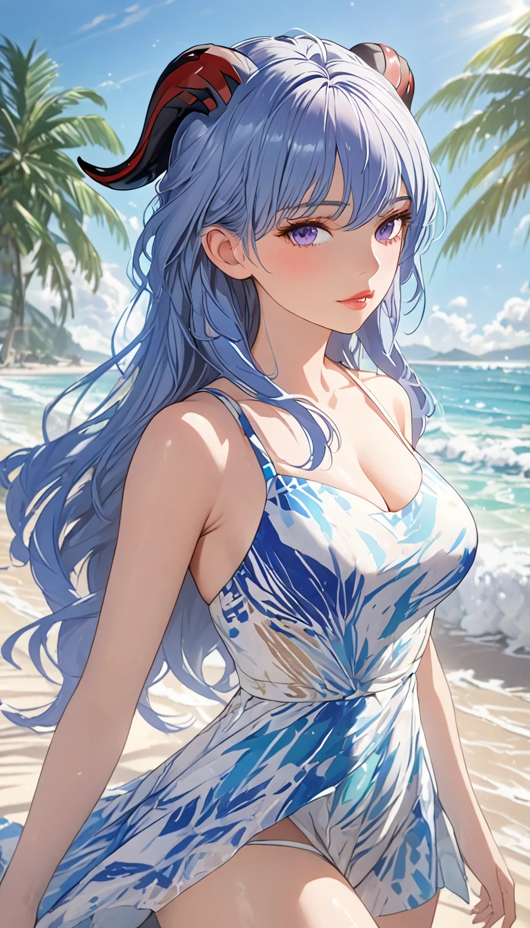 a woman in a colorful swimsuit and cover-up, walking on a sandy beach, palm trees in the background, ocean waves crashing, warm sunlight, beautiful detailed eyes, beautiful detailed lips, extremely detailed face, long eyelashes, (best quality, 4k, 8k, highres, masterpiece:1.2), ultra-detailed, kin pores, score_9, score_8_up, score_7_up, (sfw), (cowboy shot, dutch angle:1.2), big breasts, dynamic angle, cleavage , sharp focus, extreme detail description, professional, vivid colors, bokeh, photography, warm color tones, natural sunlight, 1girl, solo, mature female, thigh strap, ganyu, blue hair, goat horns, horns, long hair, purple eyes, sidelocks, shiney skin, (negative_v2 Color_Balance_Calibration:0.8), unaestheticXL_cbp62 , negativeXL_D
