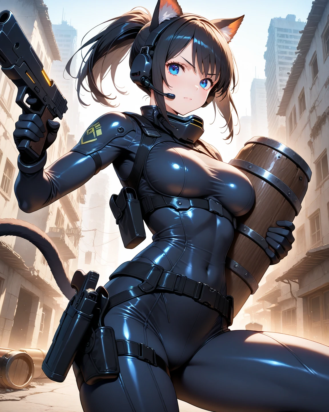  One woman,  Future female SWAT team members  ,(  grab your weapon and aim here  :1.6),(  Close up of a pistol barrel  :1.6),   Very tight black tactical bodysuit  ,   Tactical headset  , tactical holster , tactical gloves ,BREAK(serious),  ponytail ,  black hair,   pretty face,    beautiful eyes  ,    beautiful eyes  ,  very detailed face  ,  Beautiful Body, The ruins of a futuristic city in the background  ,   Cyberpunk, Beautiful women's hands ,  Detailed arms  ,(  dynamic :1.6), Cat girl