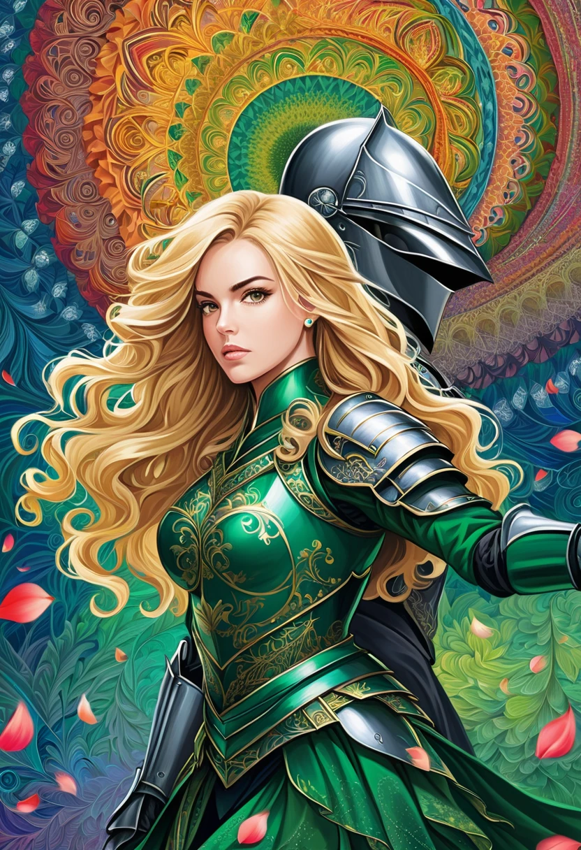 ((Woman, knight, blonde, curly hair, armor made of emerald green, serious face))), highly detailed, (abstract background, zentangle, fractal art: 1.3), (many colors, colorful: 1.1), (feathers, petals, flowers: 1.3), gorgeous, dynamic pose, earrings