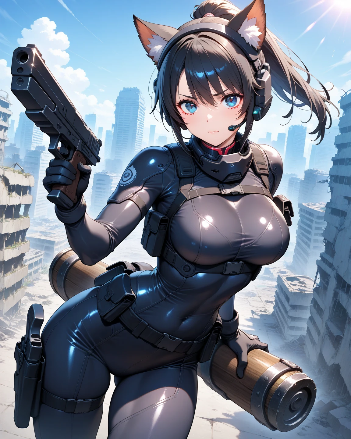  One woman,  Future female SWAT team members  ,(  grab your weapon and aim here  :1.6),(  Close up of a pistol barrel  :1.6),   Very tight black tactical bodysuit  ,   Tactical headset  , tactical holster , tactical gloves ,BREAK(serious),  ponytail ,  black hair,   pretty face,    beautiful eyes  ,    beautiful eyes  ,  very detailed face  ,  Beautiful Body, The ruins of a futuristic city in the background  ,   Cyberpunk, Beautiful women's hands ,  Detailed arms  ,(  dynamic :1.6), Cat girl