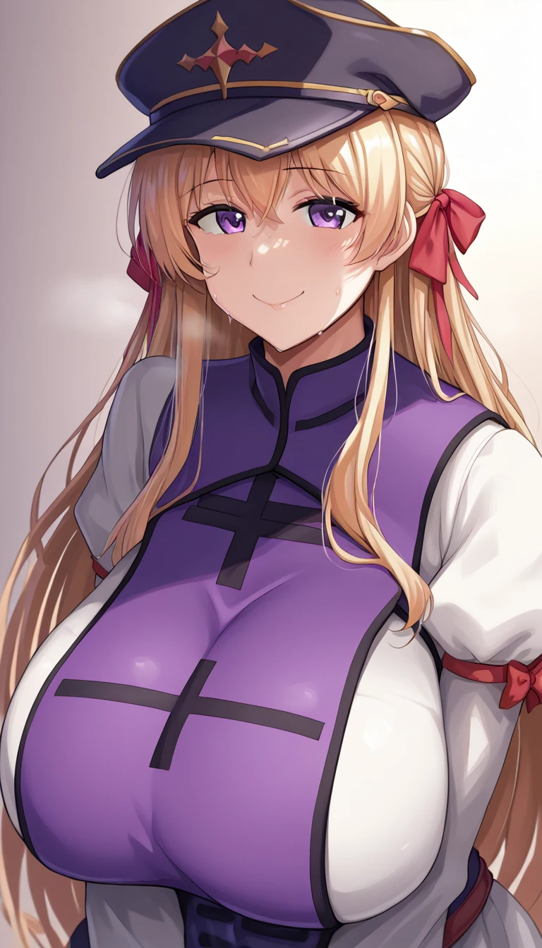  top quality, masterpiece,  high definition , Alone, {yakumo_Connection_East:1.15},  blondes_hair, ribbon, hin, length_hair, pain_ cap, hin_ribbon, red_ribbon, smile, white_ headwear , 前hair, bow, chest,  Purple _eye, hair_Betweens _eye, hair_bow, Tabard,  upper_body, big_chest, very_length_hair,  1 girl,  dress,  on AM_in_viewer, Simple_background, white_background, white_ dress, length_sleeve , red_bow,  side lock , , closure_mouth, gap_\(East\), ふくらんinいる_sleeve 、  zzz c up  , 爆発的なchest,特大の Big Breasts,Big Breasts, Big Breasts,超Big Breasts, supermilk ,big Breasts,big Breasts,Big Breasts,Big big breasts,bigger breasts,big,セクシーな大きなシリコンの Big Breasts,セクシーなビッグサイズのシリコン製Big Breasts,  saggy breasts during pregnancy,((垂れ下がった Big Breasts)),((重く垂れた Big Breasts:1.８))、猥褻な身body,Fat ,, エロマンガスタイルのbody、  mature adult-like body steam、 Ser's Huge  、 Ser's Huge  、  s up er exaggerated  、 extra large、 over covered ,  Hidden Breast Erection  、  abs、(masterpiece,  top quality, 超 high definition ), 2girls, Yakumo Purple, [モブ cap, ロング blondesのhair , hair ribbon, ( Purple のラテックススーツ), Clothes fit snugly,  latex has a strong metallic luster , Glossy feel, Sparkling, sweat, steamy,  all over the body is lukewarm, ラテックス Purple Tabard, Big Breasts, Glossy feel, Anime Face,  cute face, 巨大なchest, nsfw, , chestのクローズアップ,  face each other, looking at viewer、