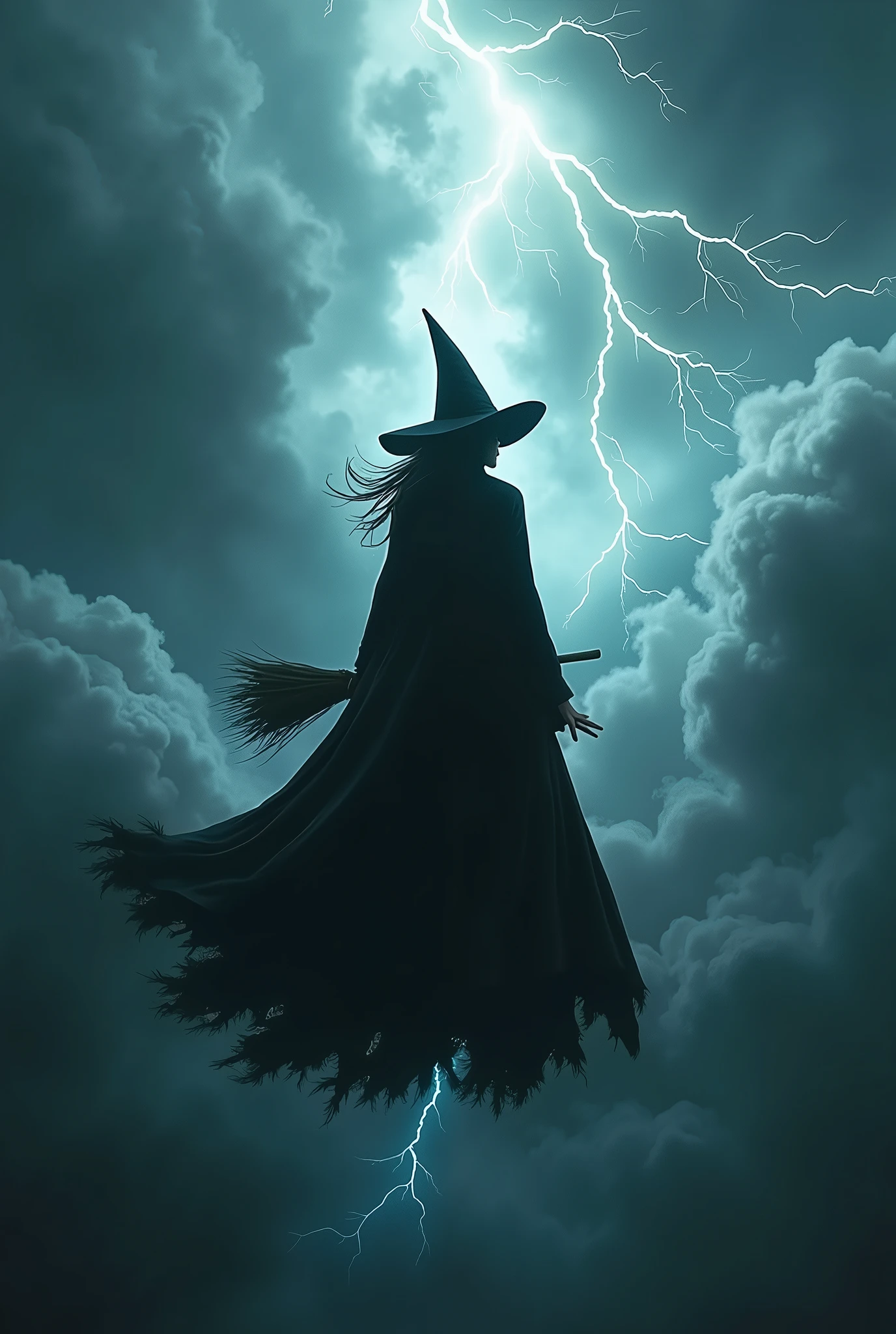 The back of the Witch from the movie wicked on thunderstorm sky flying straight to the sky and a broomstick by her side on her hand straight
