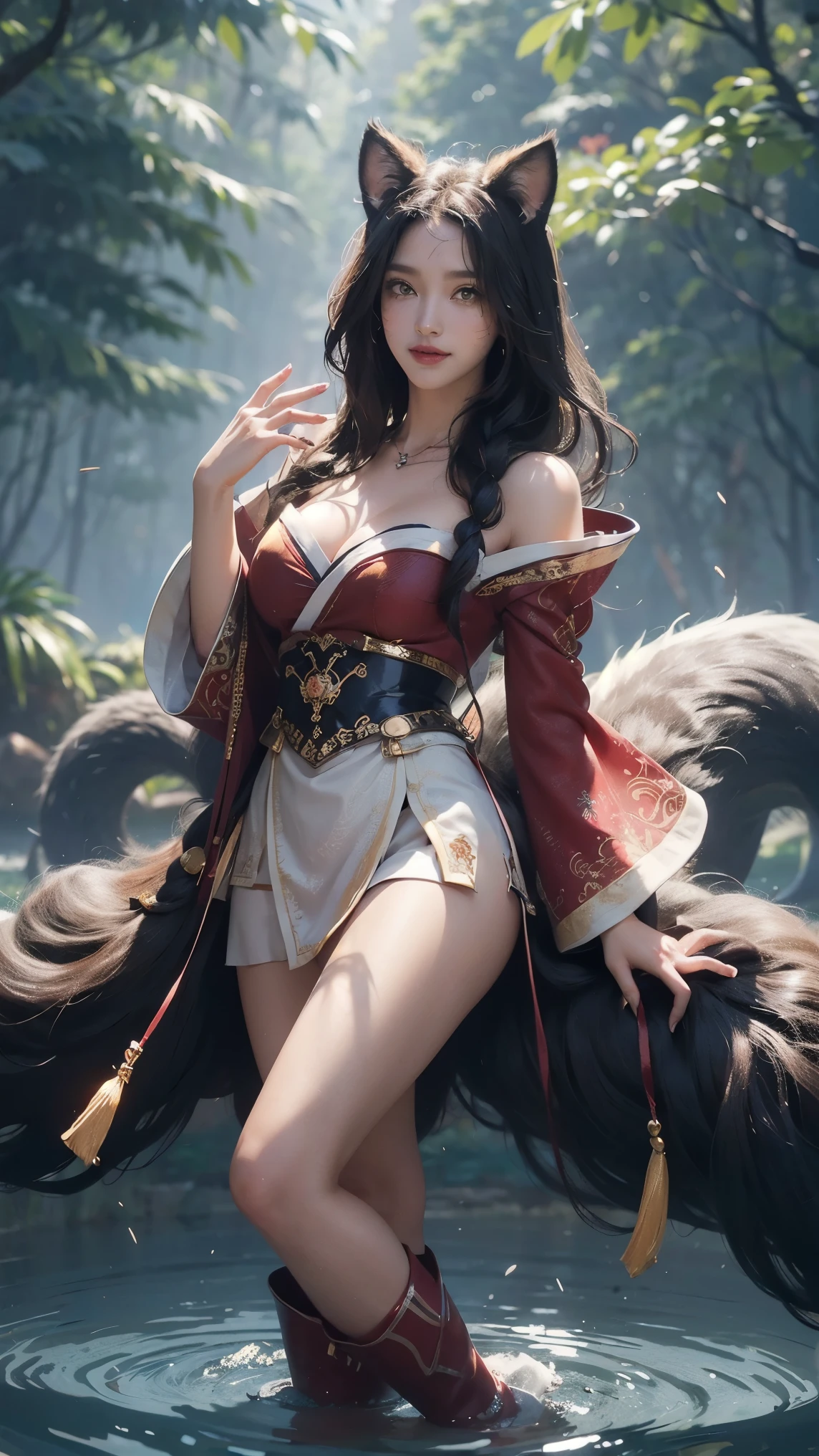 Ahri,(best qualityer,4K,8k,high resolution,work of art:1.2)(weather: cloudy), Mondstadt forest background, forest pond, kyubi outfit, red sleeveless kimono top, long kimono sleeves, kimono belt, tight white long skirt, tall japanese boots, necklace, fox ears, long fox tail, cheek mole, whisker-like marks, long curly hair, single braid hair, black hair, ultra detailed, realistic, portrait,beautiful detailed golden yellow eyes with slit-shaped pupils, glowing eyes,blush,beautiful detailed lips,extremely detailed eye and face, long eyelashes,sexy,average, large breasts,beaming smile, flirty smile, powerful girl, elegant pose, stunning curves, bright coloured, dramatic lighting, feet inside the water,