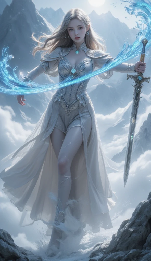 a woman in an ancient style dress, holding a cold ice sword with blue flames, dancing in the snow with long flowing hair, holding a silver long sword, adorned with jade jewels, confident smiling face, floating in the clouds with mountains in the background, detailed face and eyes, detailed clothing, detailed lighting, digital painting, cinematic lighting, fantasy art, highly detailed, masterpiece, 8k, photorealistic