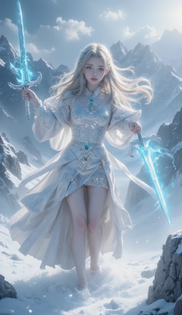 a woman in an ancient style dress, holding a cold ice sword with blue flames, dancing in the snow with long flowing hair, holding a silver long sword, adorned with jade jewels, confident smiling face, floating in the clouds with mountains in the background, detailed face and eyes, detailed clothing, detailed lighting, digital painting, cinematic lighting, fantasy art, highly detailed, masterpiece, 8k, photorealistic