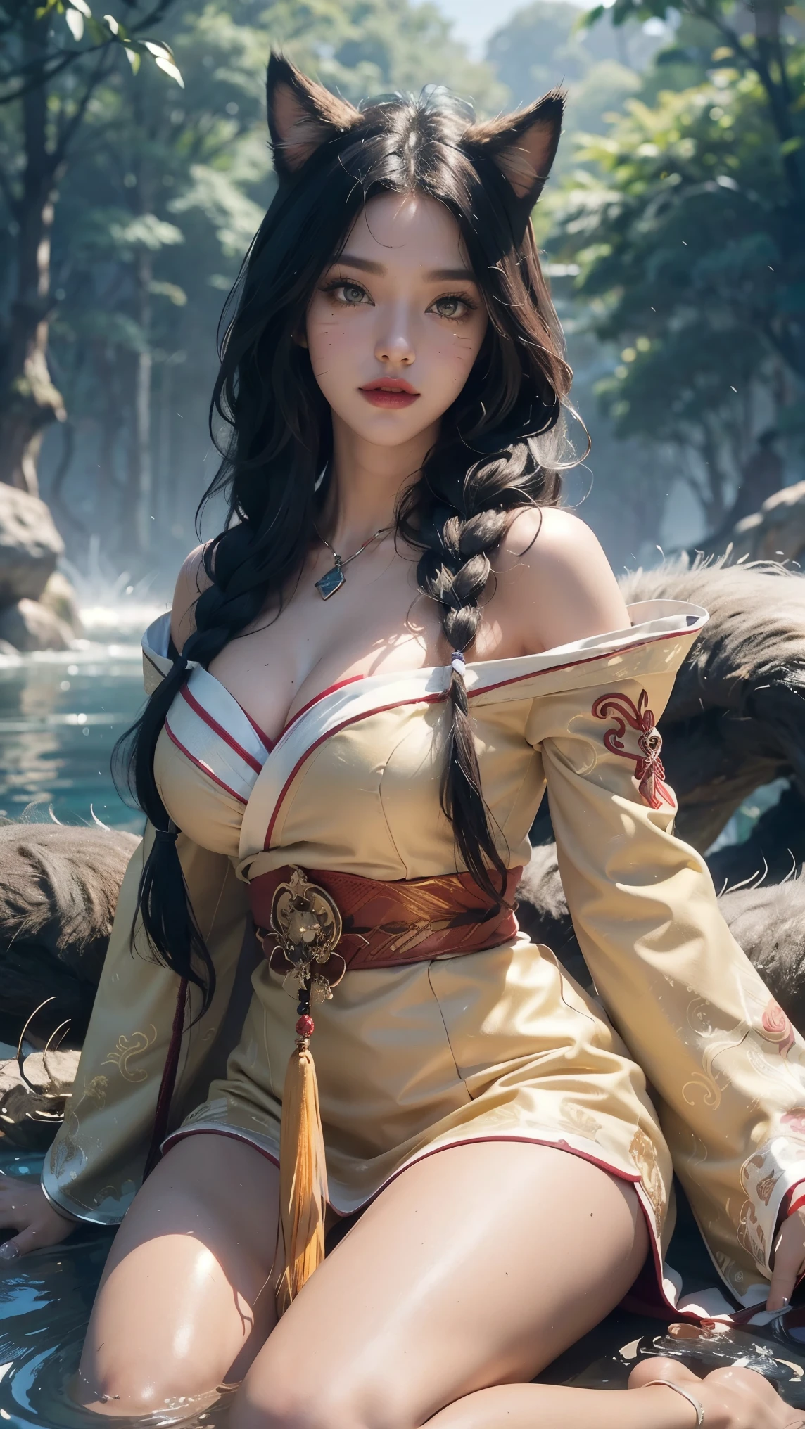 Ahri,(best qualityer,4K,8k,high resolution,work of art:1.2)(weather: cloudy), Mondstadt forest background, forest pond, kyubi outfit, red sleeveless kimono top, long kimono sleeves, kimono belt, tight white long skirt, tall japanese boots, necklace, fox ears, long fox tail, cheek mole, whisker-like marks, long curly hair, single braid hair, black hair, ultra detailed, realistic, portrait,beautiful detailed golden yellow eyes with slit-shaped pupils, glowing eyes,blush,beautiful detailed lips,extremely detailed eye and face, long eyelashes,sexy,average, large breasts,beaming smile, flirty smile, powerful girl, elegant pose, stunning curves, bright coloured, dramatic lighting, feet inside the water,