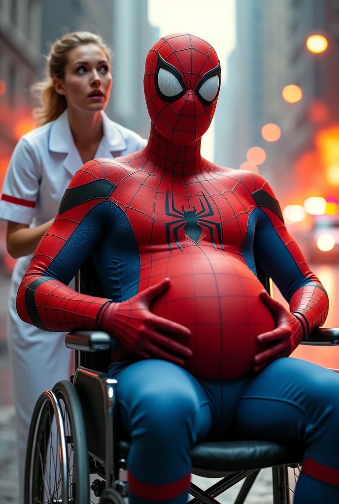 This image humorously depicts a scene in an operating room in which a fat Spiderman is undergoing surgery. The patient, the fat Spiderman, who is quite chubby and spaced out on the operating table, has a worried look, and his big, sad eyes are overflowing with tears. Next to him on a tray is a smaller, similar-looking Spiderman, as if he has been separated from the larger Spiderman. The scene is whimsical and surreal, based on SP's idea of ​​his own little world, in which the image is born a mixture of love and betuki.