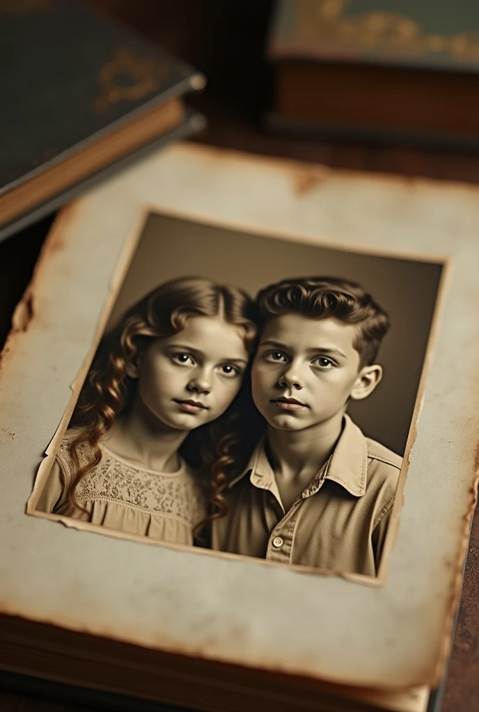 A sepia-toned vintage photograph pasted in an album on a table, the photo shows a teen boy and girl who are as close as brother and sister, detailed portrait, beautiful skin texture, delicate facial features,adolescent, warm nostalgic mood, antique photo album, worn edges, soft lighting,lighting,cinematic composition,fine art photography,nostalgic,timeless,intricate details,ultra-detailed,photorealistic,8k,highres,masterpiece,best quality