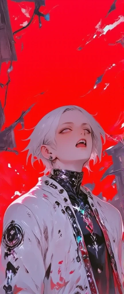 1boy look up at sky and shout, open mouth, close eyes, bloody red sky , sunset, panorama, upper body, white hair, white jacket, flat anime,