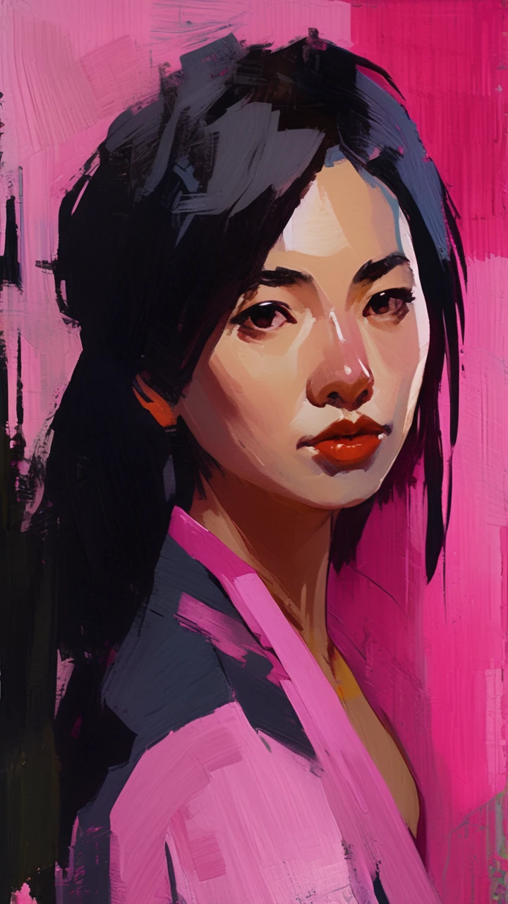 portrait of *juri han*, 1girl, painting by xDElysium,black hair, , pink, looking at viewer, painterly style, expressionism, strokes rough, brushstrokes visible, rawness, viscerality, color pallete vivid, hand-painted backgrounds, oil painting, high contrast, dramatic lighting 