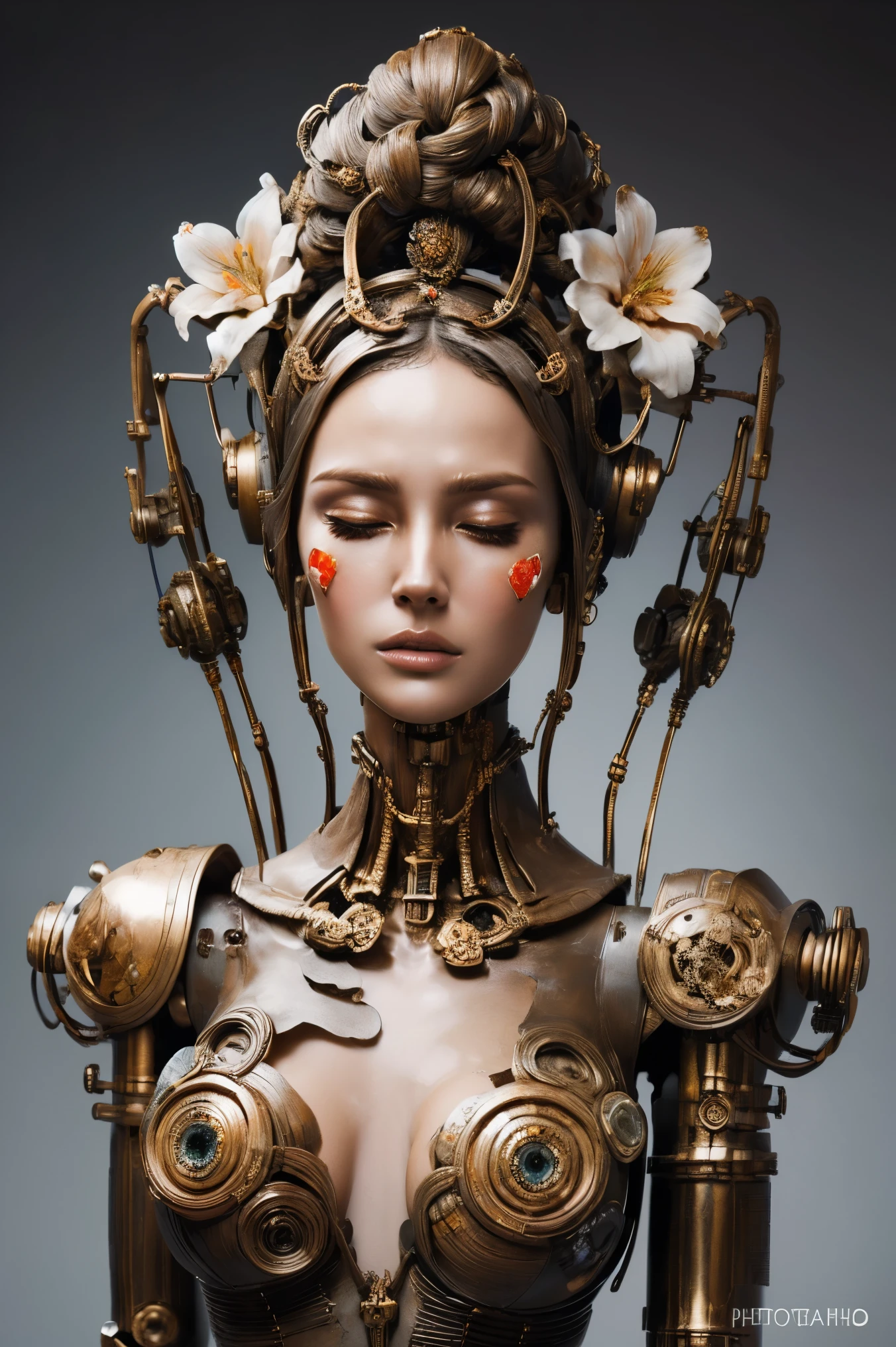 (masterpeace), ((super real photography: 1.5)), ((photo realistic: 1.3)), (real photo), whole body, 
A Japanese girl with a lot of flowers, ((A young girl robot: 1.5)),  statue, 
BREAK
headgear, ((real clear skin)), ((beautiful face: 1.5)), ((Super cute: 1.5)), ((well-balanced face)), (close eyes: 1.3)), longeyelashes, stunning big eyes, luscious glossy lips, ((blunt bangs)), 
BREAK
(slender body: 1.3), petite bust, flower bloom, (flowers: 1.5),
BREAK
High-Mechanic body, octane rendering, Super Detailed machine, ((connected electric cables)), 
BREAK
(simple background: 1.3), ((bust shot: 1.3)), cinema quality, professional photograph, (photo studio: 1.5), (Bright Light: 1.2), Eye-Level Shot, wide lens, (fujifilm 35mm), (film photo), RAW, Excessive Embellishment, UHD, 
BREAK
anatomically correct, textured skin, best quality, 8k