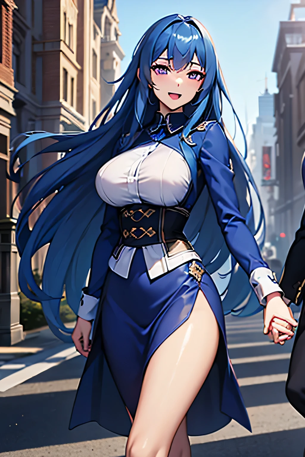 (Masterpiece: 1.6, Best Quality), (Fine and Beautiful Eyes: 1.2), (Overhead), High Quality, Beautiful Face, 1girl, Leather Tight Skirt, Big Tits, Long Hair, Wide Hips, (Landscaped), Street, Background, Detail Background, Spooky Grin, Angled Laughter at the Corners of Mouth, Long Coat, Shirt, Tie, Office Lady, Mature