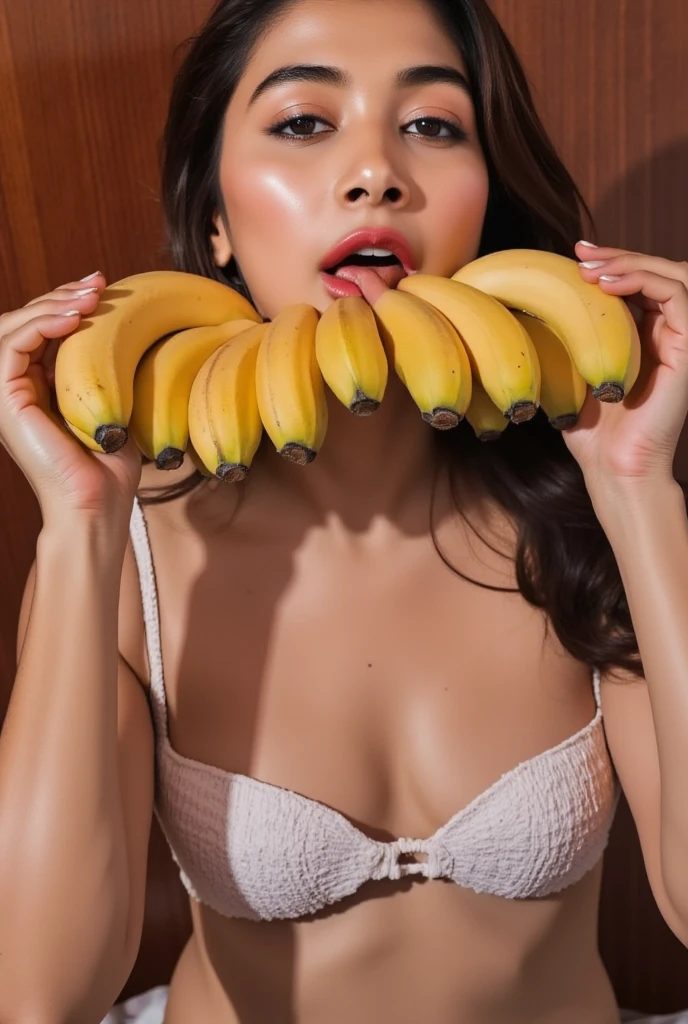 a beautiful young woman holding multiple bananas in her hands and one banana in her mouth, wearing a tight white tank top, detailed face, intense gaze, sensual expression, photorealistic, 8k, high quality, realistic, cinematic lighting, dramatic color palette, masterpiece