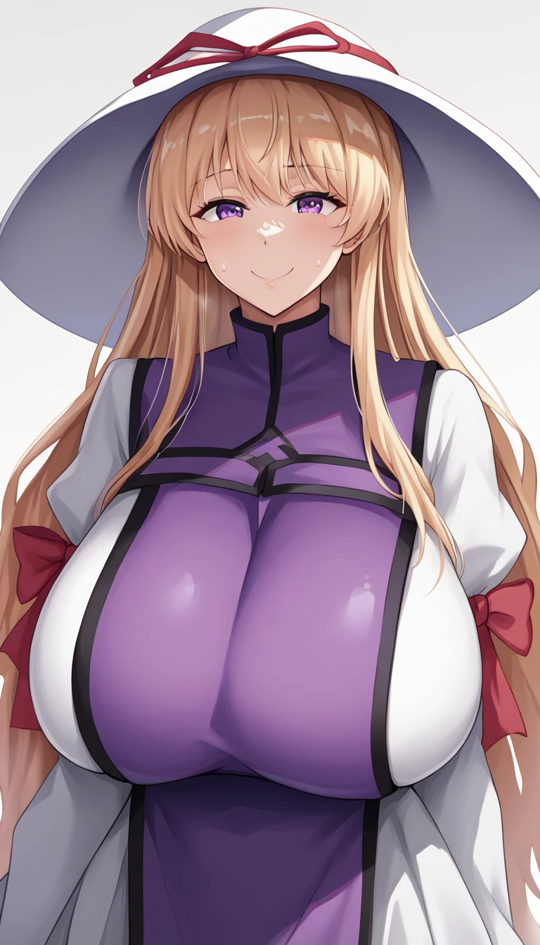  top quality, masterpiece,  high definition , Alone, {yakumo_Connection_East:1.15},  blondes_hair, ribbon, hin, length_hair, pain_ cap, hin_ribbon, red_ribbon, smile, white_ headwear , 前hair, bow, chest,  Purple _eye, hair_Betweens _eye, hair_bow, Tabard,  upper_body, big_chest, very_length_hair,  1 girl,  dress,  on AM_in_viewer, Simple_background, white_background, white_ dress, length_sleeve , red_bow,  side lock , , closure_mouth, gap_\(East\), ふくらんinいる_sleeve 、  zzz c up  , 爆発的なchest,特大の Big Breasts,Big Breasts, Big Breasts,超Big Breasts, supermilk ,big Breasts,big Breasts,Big Breasts,Big big breasts,bigger breasts,big,セクシーな大きなシリコンの Big Breasts,セクシーなビッグサイズのシリコン製Big Breasts,  saggy breasts during pregnancy,((垂れ下がった Big Breasts)),((重く垂れた Big Breasts:1.８))、猥褻な身body,Fat ,, エロマンガスタイルのbody、  mature adult-like body steam、 Ser's Huge  、 Ser's Huge  、  s up er exaggerated  、 extra large、 over covered ,  Hidden Breast Erection  、  abs、(masterpiece,  top quality, 超 high definition ), 2girls, Yakumo Purple, [モブ cap, ロング blondesのhair , hair ribbon, ( Purple のラテックススーツ), Clothes fit snugly,  latex has a strong metallic luster , Glossy feel, Sparkling, sweat, steamy,  all over the body is lukewarm, ラテックス Purple Tabard, Big Breasts, Glossy feel, Anime Face,  cute face, 巨大なchest, nsfw, , chestのクローズアップ,  face each other, looking at viewer、