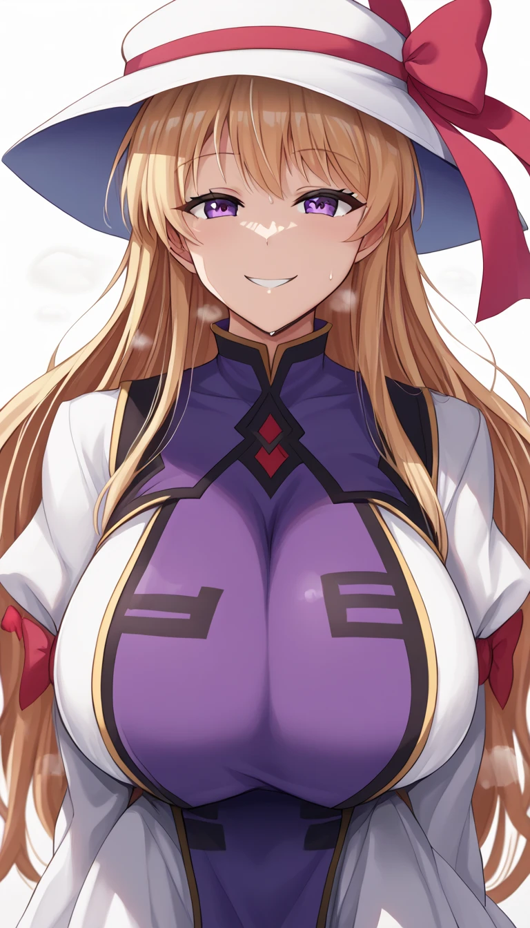  top quality, masterpiece,  high definition , Alone, {yakumo_Connection_East:1.15},  blondes_hair, ribbon, hin, length_hair, pain_ cap, hin_ribbon, red_ribbon, smile, white_ headwear , 前hair, bow, chest,  Purple _eye, hair_Betweens _eye, hair_bow, Tabard,  upper_body, big_chest, very_length_hair,  1 girl,  dress,  on AM_in_viewer, Simple_background, white_background, white_ dress, length_sleeve , red_bow,  side lock , , closure_mouth, gap_\(East\), ふくらんinいる_sleeve 、  zzz c up  , 爆発的なchest,特大の Big Breasts,Big Breasts, Big Breasts,超Big Breasts, supermilk ,big Breasts,big Breasts,Big Breasts,Big big breasts,bigger breasts,big,セクシーな大きなシリコンの Big Breasts,セクシーなビッグサイズのシリコン製Big Breasts,  saggy breasts during pregnancy,((垂れ下がった Big Breasts)),((重く垂れた Big Breasts:1.８))、猥褻な身body,Fat ,, エロマンガスタイルのbody、  mature adult-like body steam、 Ser's Huge  、 Ser's Huge  、  s up er exaggerated  、 extra large、 over covered ,  Hidden Breast Erection  、  abs、(masterpiece,  top quality, 超 high definition ), 2girls, Yakumo Purple, [モブ cap, ロング blondesのhair , hair ribbon, ( Purple のラテックススーツ), Clothes fit snugly,  latex has a strong metallic luster , Glossy feel, Sparkling, sweat, steamy,  all over the body is lukewarm, ラテックス Purple Tabard, Big Breasts, Glossy feel, Anime Face,  cute face, 巨大なchest, nsfw, , chestのクローズアップ,  face each other, looking at viewer、