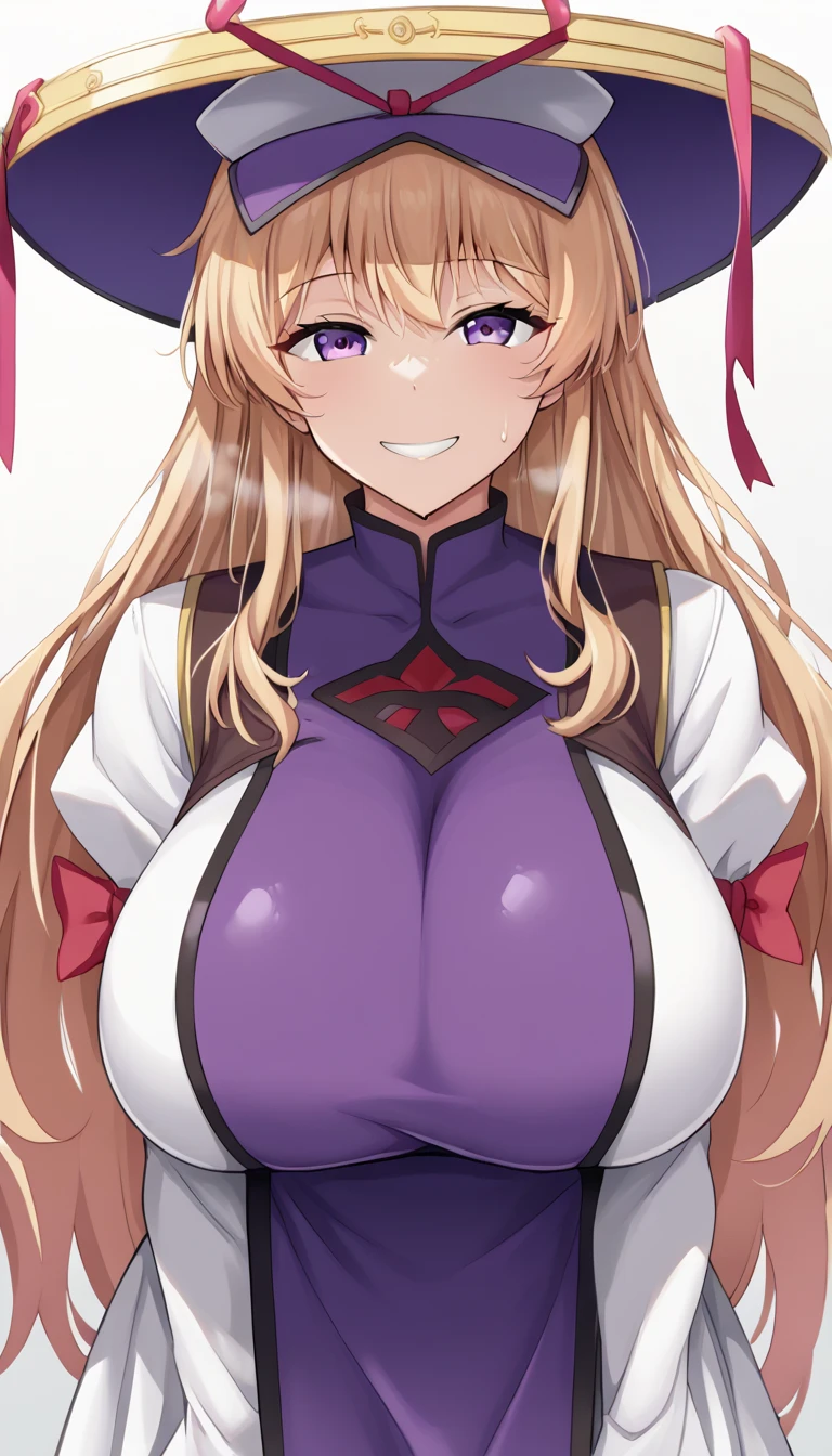  top quality, masterpiece,  high definition , Alone, {yakumo_Connection_East:1.15},  blondes_hair, ribbon, hin, length_hair, pain_ cap, hin_ribbon, red_ribbon, smile, white_ headwear , 前hair, bow, chest,  Purple _eye, hair_Betweens _eye, hair_bow, Tabard,  upper_body, big_chest, very_length_hair,  1 girl,  dress,  on AM_in_viewer, Simple_background, white_background, white_ dress, length_sleeve , red_bow,  side lock , , closure_mouth, gap_\(East\), ふくらんinいる_sleeve 、  zzz c up  , 爆発的なchest,特大の Big Breasts,Big Breasts, Big Breasts,超Big Breasts, supermilk ,big Breasts,big Breasts,Big Breasts,Big big breasts,bigger breasts,big,セクシーな大きなシリコンの Big Breasts,セクシーなビッグサイズのシリコン製Big Breasts,  saggy breasts during pregnancy,((垂れ下がった Big Breasts)),((重く垂れた Big Breasts:1.８))、猥褻な身body,Fat ,, エロマンガスタイルのbody、  mature adult-like body steam、 Ser's Huge  、 Ser's Huge  、  s up er exaggerated  、 extra large、 over covered ,  Hidden Breast Erection  、  abs、(masterpiece,  top quality, 超 high definition ), 2girls, Yakumo Purple, [モブ cap, ロング blondesのhair , hair ribbon, ( Purple のラテックススーツ), Clothes fit snugly,  latex has a strong metallic luster , Glossy feel, Sparkling, sweat, steamy,  all over the body is lukewarm, ラテックス Purple Tabard, Big Breasts, Glossy feel, Anime Face,  cute face, 巨大なchest, nsfw, , chestのクローズアップ,  face each other, looking at viewer、