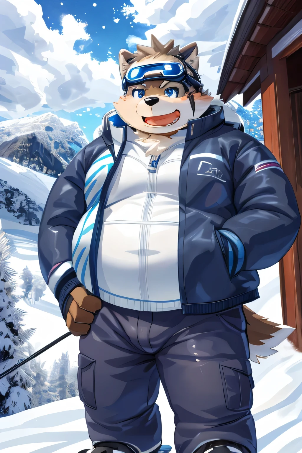 （（obesity、  overweight  、  Face  ）） gained weight 、 overweight 、  Dog Beast Man 、fur、Fluffy、 cute、(Moritaka))(Ski、  Winter Sports   、  snowy mountains、Powder Snow 、Ski wear、  Very Warm Body   、spouse、boyfriend）Hold the ski stock in both hs、slide、  snowy mountains、Slope 、  Winter Jacket  、  long pants 、  snowy mountains,   Winter Jacket  , Ski goggles , Plaing Ski,  Snow Spray ,  Ski ,  Ski Race  ,   Slide from peak to foot, In the full view ,  masterpiece  , , full bod like