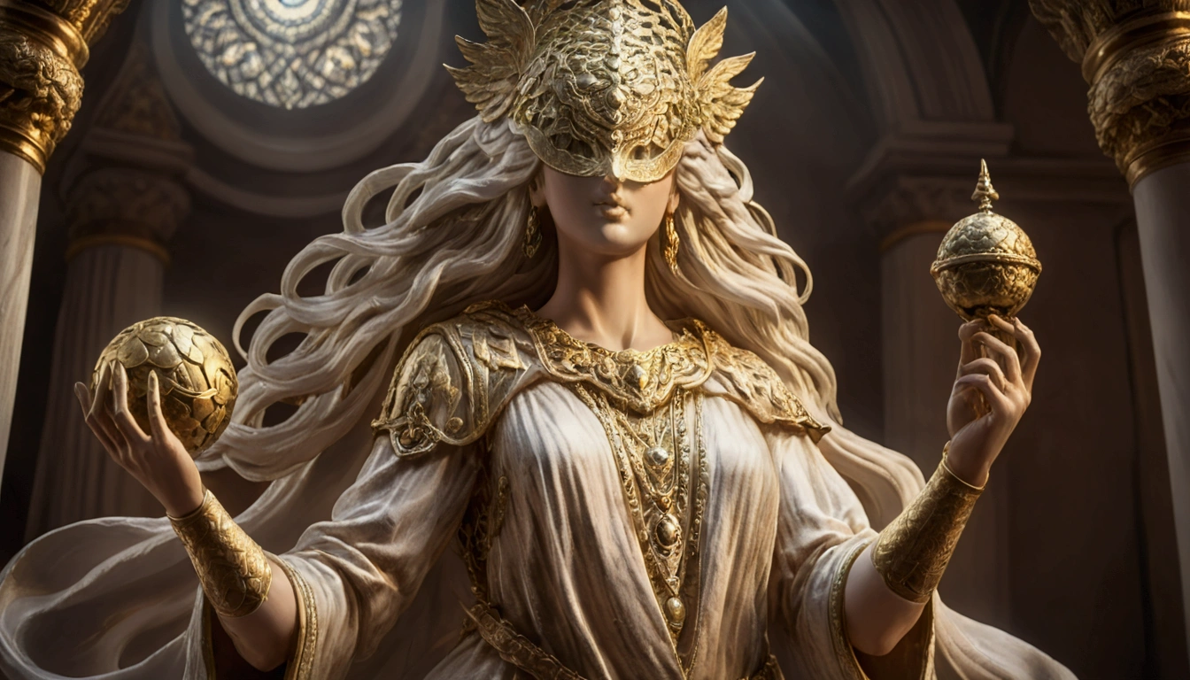 the goddess of justice, standing in a majestic pose.( She has long, snow-white hair) flowing like silk, with a neat blindfold symbolizing impartiality. The goddess is dressed in elegant white and gold robes with delicate decorative patterns emphasizing her divinity. In one hand, (she holds an ancient gold scale), symbolizing balance and justice. The background should be marble or celestial, with a slight glow, creating an atmosphere of grandeur and divine light (4k) full hd