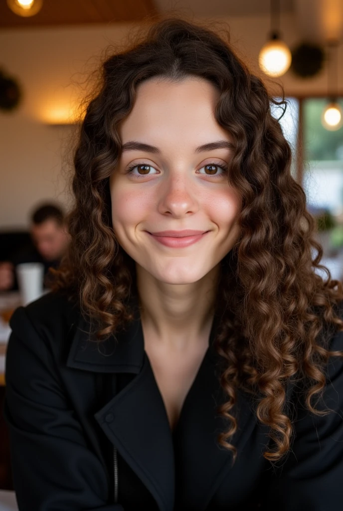 photo of lovelilahflux, face portrait, in the cafe, wearing black jacket, smile