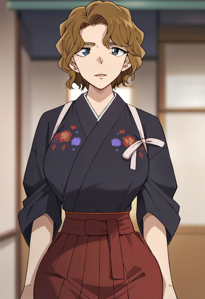 Hyper realistic,  big butt , Big hips,

Momiji Ooka,brown_hair,wavy_hair, short_hair,blue_eyes, jewelry,stud_earrings, earrings,black kimono, tasuki, red hakama_skirt,Floral_print,

( Blurry Background, ),, perfect face, perfect lighting,  , ,huge breasts, looking at viewer, dutch angle, cowboy shot, Alone