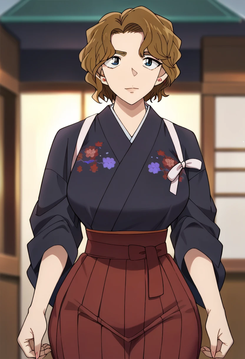 Hyper realistic,  big butt , Big hips,

Momiji Ooka,brown_hair,wavy_hair, short_hair,blue_eyes, jewelry,stud_earrings, earrings,black kimono, tasuki, red hakama_skirt,Floral_print,

( Blurry Background, ),, perfect face, perfect lighting,  , ,huge breasts, looking at viewer, dutch angle, cowboy shot, Alone