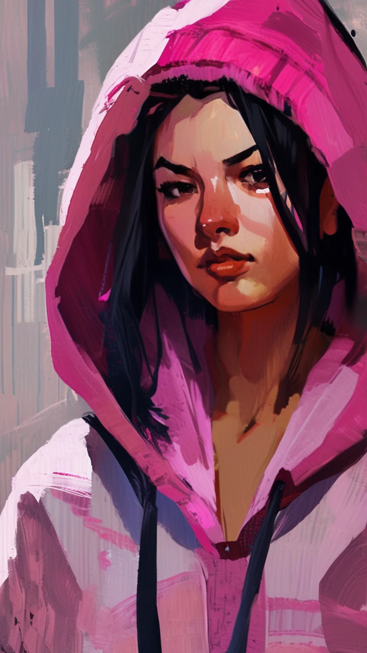 portrait of juri han, 1girl, painting by xDElysium,black hair, , pink, JuriPJ,hair horns, messy hair, streaked hair, hair through hoodie, onesie, open pajamas, black bra,looking at viewer, painterly style, expressionism, strokes rough, brushstrokes visible, rawness, viscerality, color pallete vivid, hand-painted backgrounds, oil painting, high contrast, dramatic lighting 