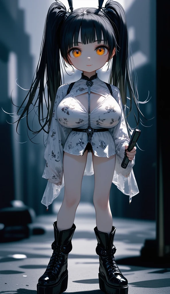 a Korean woman.
 black hair, Foot-length , fluttering,  2 ponytail .
 Dragon style eyes , bioluminescentes.
 Rocker-style dress , with gothic print .
 Silver accessories .
 long thin legs .
 Medium and pointy breasts ,  extremely detailed . 
 platform style boot ,  Glossy Black, long barrel.
whole body.
 In the background a spooky night. 
(anime style 32K, HDR, UHD, intricate detail, extremely intricate detail, hyperrealistic, extremely realistic, high quality,  vivid color , extremely detailed).