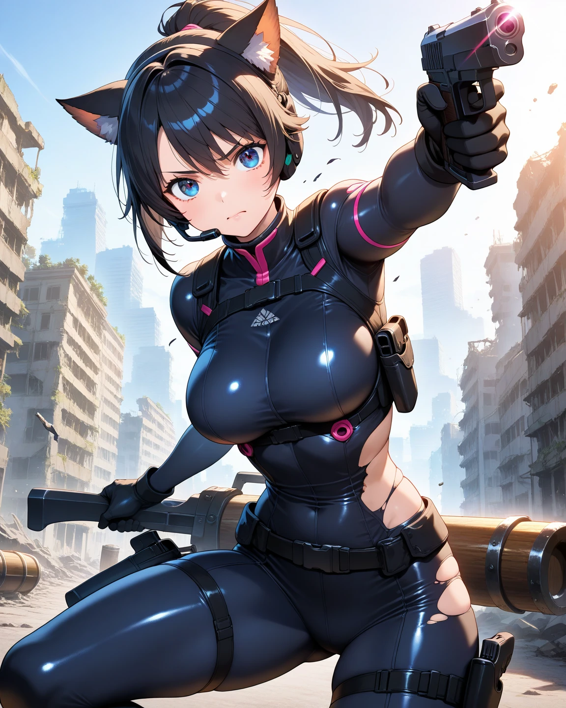  One woman,  Future female SWAT team members  ,(  grab your weapon and aim here  :1.6),(  Close up of a pistol barrel  :1.6),   Very tight black tactical bodysuit  ,   Tactical headset  , tactical holster , tactical gloves ,BREAK(serious),  ponytail ,  black hair,   pretty face,    beautiful eyes  ,    beautiful eyes  ,  very detailed face  ,  Beautiful Body, The ruins of a futuristic city in the background  ,   Cyberpunk, Beautiful women's hands ,  Detailed arms  ,(  dynamic :1.6), Cat girl, Torn suit to the chest