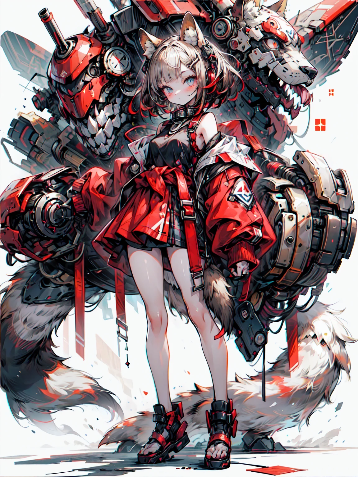 masterpiece,  complicated,  anime style , whole body,  1 girl, Ruck-kun , Raccoon Girl,  raccoon ears , , flaffy tail,  raccoon tail ,  tail with brown and light brown rings ,  with blurry red and blue eyes ,  short hair,  red inner hair, Brown Hair, Hair on the left side,  Red Hair Band ,  short black shirt with exposed shoulders 、 black mesh with black border up to the collar。,  polo shirt in the den,  short black skirt with dark red plaid ,  black belt that fits around the waist , looking at viewer,  top quality, 4K, high definition , Professional art,  professional drawing ,   professional line art  , Outline marker