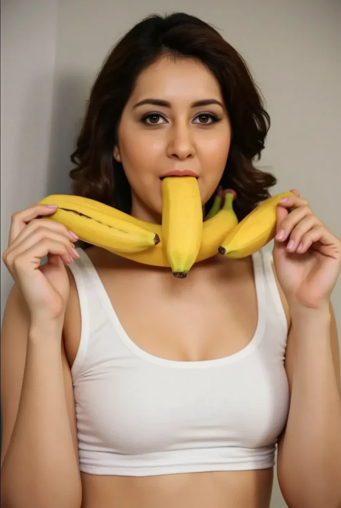 a beautiful young woman holding multiple bananas in her hands and one banana in her mouth, wearing a tight white tank top, detailed face, intense gaze, sensual expression, photorealistic, 8k, high quality, realistic, cinematic lighting, dramatic color palette, masterpiece