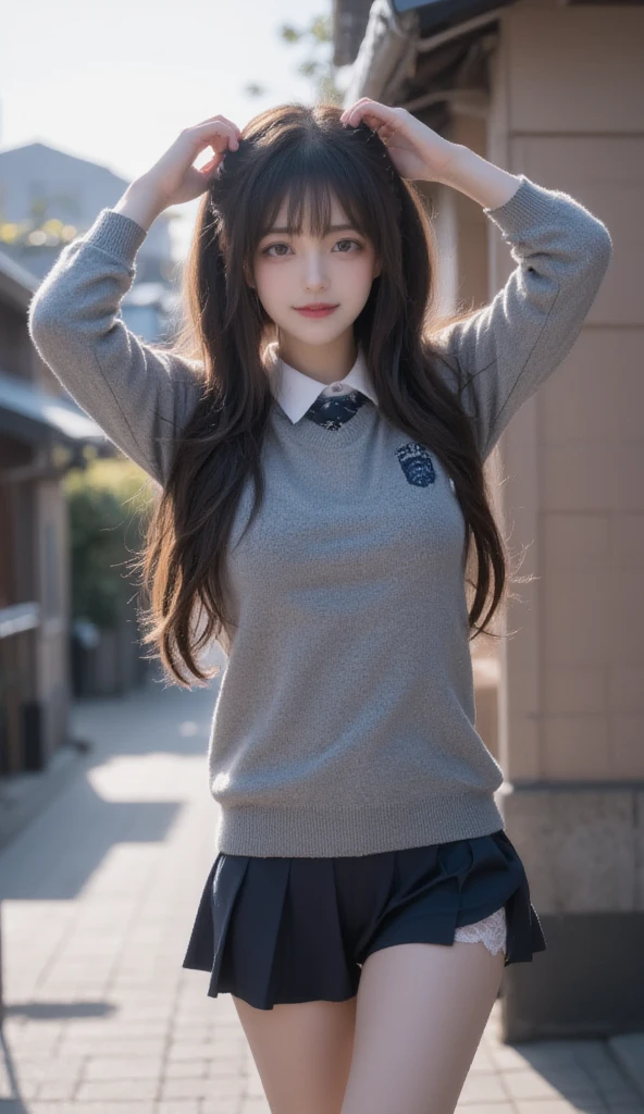 In this masterpiece of a high-quality 8K raw photo, a Japanese 18-year-old girl stands outdoors in a Japanese residential area. She is slender with a small waist, embodying a skinny and delicate figure. Her brunette hair is styled in high long twintails with bangs, adding to her youthful charm. She is wearing a school uniform, which includes a gray sweater with an emblem, a collared shirt with long sleeves, and a pleated mini short skirt. Underneath, she wears white lace panties, subtly hinted at by the skirt's design.
The girl's skin is shiny, reflecting the light, and her face is detailed, showcasing her youthful beauty. Her eyes are a focal point, detailed and expressive, capturing her smile in a cowboy shot. This high-quality illustration captures every aspect of her appearance, from her detailed skin and face to her eyes and hands, which are rendered with precision and care. The overall image is a testament to the best quality and ultra-detailed craftsmanship, showcasing the girl's elegance and the serene atmosphere of the Japanese residential area.