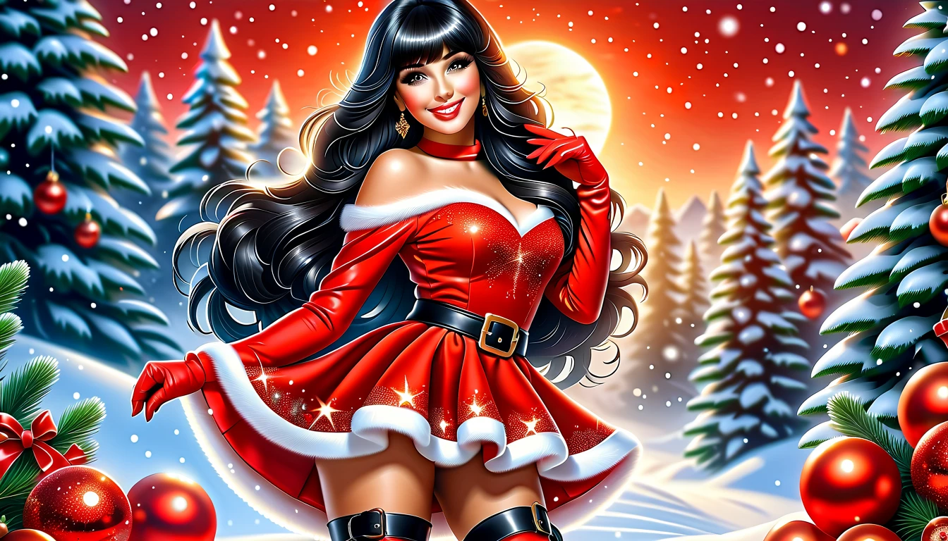 Best quality, acrylic illustration in realistic style, a beautiful woman with black straight long hair and bangs, make up, lashes, smiling, she is wearing santa claus red mini dress, belt, red leather gloves, shine suntan pantyhose, over-the-knees black boots, your hands is on waist, in christmas decorated florest background