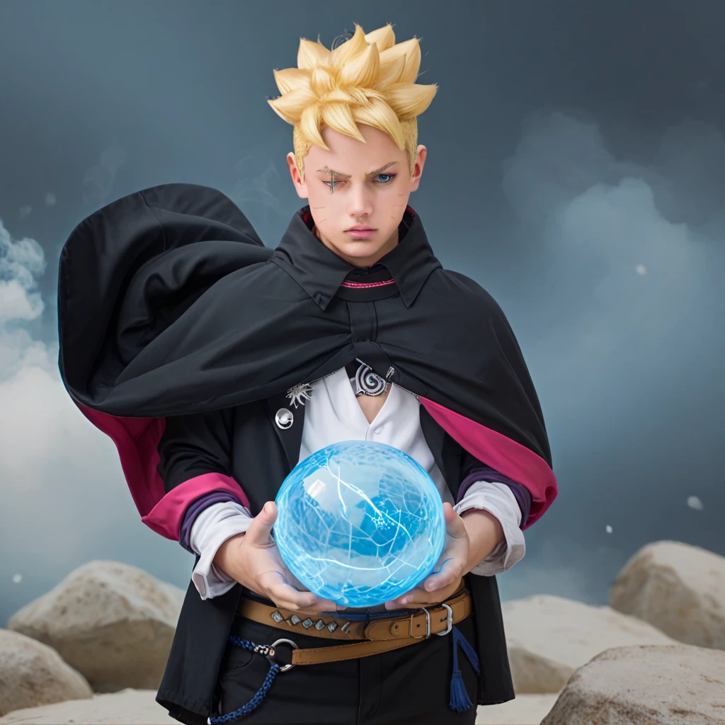 Boruto, 1boy, solo, fight pose, yellow hair, blue eyes, two black lines on the cheek, black cloak, black pants, gloves, rocks background, cowboy shot, one eyes closed,Textured Skin, hand carrying glowing light blue ball, glowing ball, blue smokes in ball area, blue smoke vortex in ball, blue smoke overlay, smoking ball, realistic, wind effect, hand holding sword