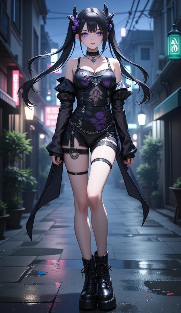 a Korean woman.
 black hair, Foot-length , fluttering,  2 ponytail .
 Dragon style eyes , bioluminescentes.
 Rocker-style dress , with gothic print .
 Silver accessories .
 long thin legs .
 Medium and pointy breasts ,  extremely detailed . 
 platform style boot ,  Glossy Black, long barrel.
whole body.
 In the background a spooky night. 
(anime style 32K, HDR, UHD, intricate detail, extremely intricate detail, hyperrealistic, extremely realistic, high quality,  vivid color , extremely detailed).