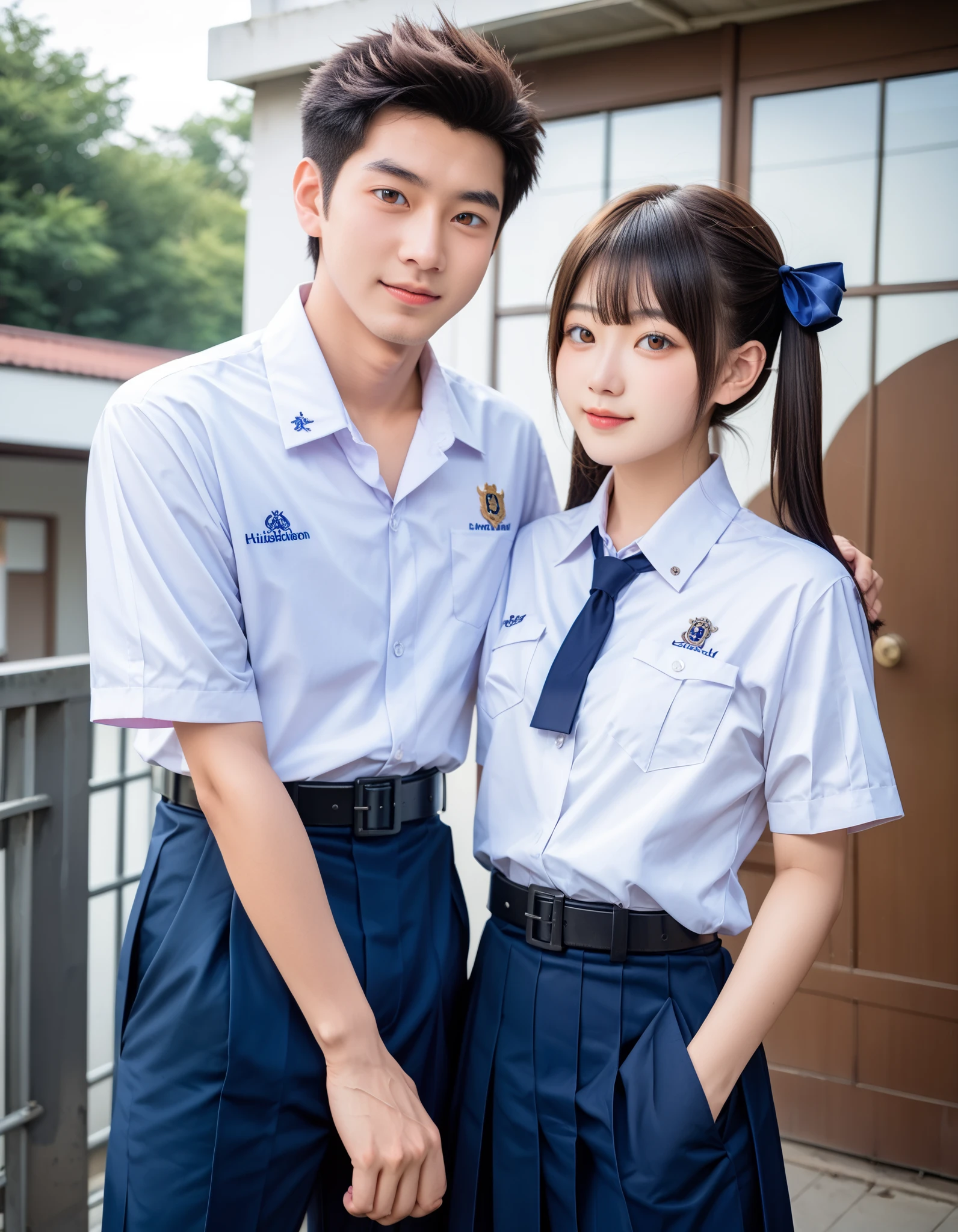 Masterpiece, hd, realistic, couple, different body height, 2 persons, ((1boy, tall body, Asian boy, cute kawaii boy, black straight hair and brown eyes, wearing Thailand highschool uniform, white collared shirt, short sleeves, blue pants, short pants , pocket, wearing black belt)), ((1girl,(l1ttlegirl), short body, Slender body, small breasts, thing leg, Asian girl, kawaii portrait, cute kawaii girl, short girl, short body height, (l0li in dress), black twintail hair and brown eyes, hair ribbon, wearing thailand highschool uniform, white collared shirt, short sleeves, pleated skirt, blue skirt , pocket, wearing black belt)), standing, outdoor 