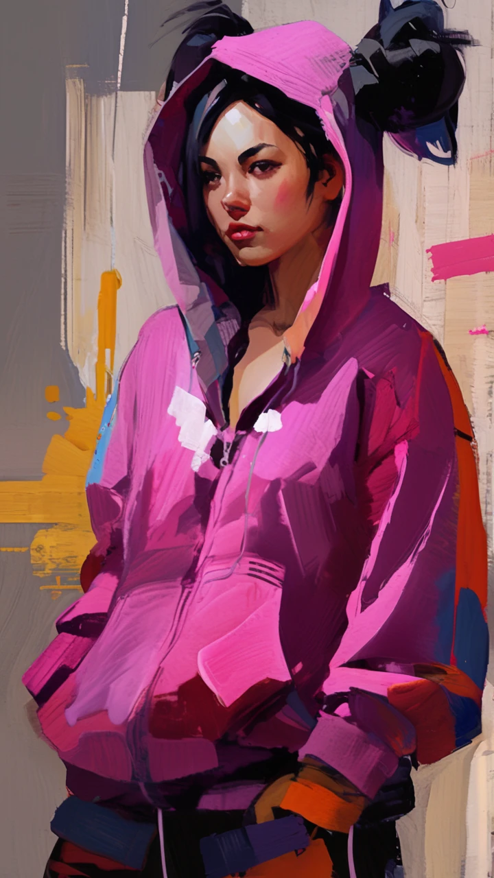 portrait of juri han, 1girl, painting by xDElysium,black hair, , pink, JuriPJ,hair horns, messy hair, streaked hair, hair through hoodie, onesie, open pajamas, black bra,looking at viewer, painterly style, expressionism, strokes rough, brushstrokes visible, rawness, viscerality, color pallete vivid, hand-painted backgrounds, oil painting, high contrast, dramatic lighting 