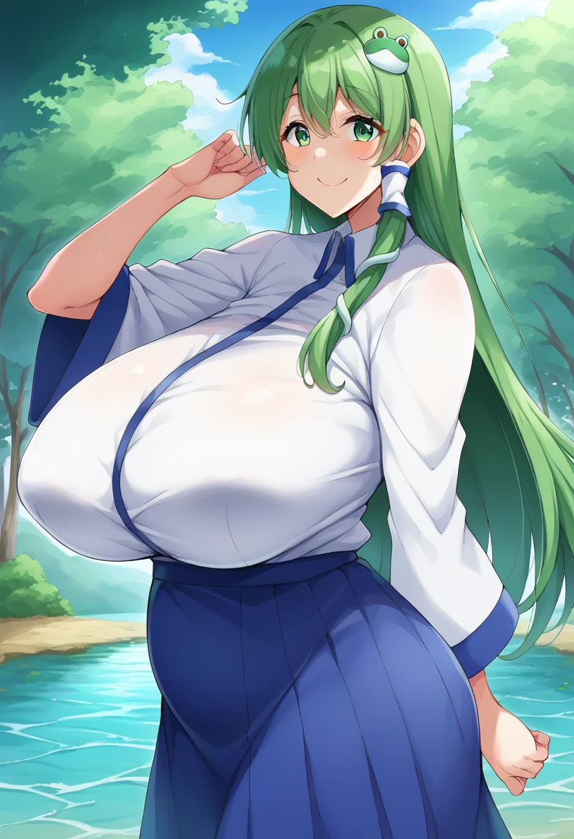 ( masterpiece ), ( top quality), (8k), (   super high resolution ), ( top quality), (   anime style ), (Best writing), (   beautiful face), ( masterpiece ), ( top quality), (detailed   beautiful face and eyes), (   textile shading  ), ( cowboy shooting), (lake), (  fallen leaves 　Vaginal discharge),   1 girl , Alone, Sanae Kochiya  ,   1 girl ,   green hair,   long hair,   green eyes,  frog hair ornament   ,  hair tube, Snake hair ornament,   colored shirt   ,   white shirt,   Detachable Sleeves  , wide sleeve,  blue skirt,   frill skirt, Big Breasts ,  Beautiful breasts  , smile, Picking up hair   , from side,,、   zzz c up   , Exploding Chest,特大の Big Breasts,Big Breasts, Big Breasts,超Big Breasts, supermilk  ,big Breasts,big Breasts,Big Breasts,Big big breasts,bigger breasts,big,セクシーな大きなシリコンの Big Breasts,セクシーなビッグサイズのシリコン製Big Breasts,   Pregnant Saggy Breasts ,((垂れ下がった Big Breasts)),((重く垂れた Big Breasts:1.5))、Obscene body,Fat ,,   Erotic Manga Style Body  、   mature body steam 、 Sir's huge    、 Sir's huge    、   overly exaggerated   、 extra large、 over covered ,   hidden chest erections   、   abs