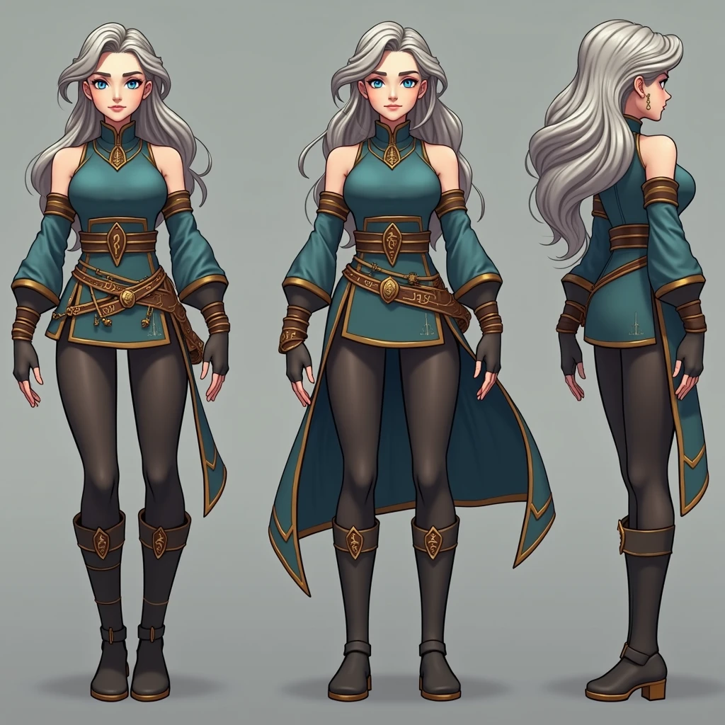 Create a stylized character sheet of a girl designed for a 3D game. The character should have sculpted hair with intricate details and vibrant colors. Provide front, side and back views as reference images for modeling. Her outfit consists of a modest cleric robe, simple yet elegant, with glowing runes decorating the edges. Her extremely long white hair frames her broad hips and serene blue eyes, enhancing her graceful and understated appearance. The background should be simple to keep the focus on the character