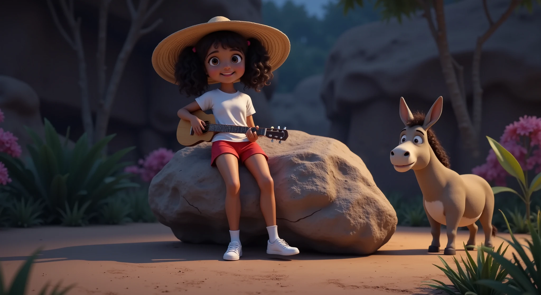 Inspired by Disney Pixar movies and 3D characters, create an image of a mixed-race girl, daughter of a white mother and black father, white skin and curly hair tied in two ponytails, with a large sun hat hanging on her back, a plain white t-shirt, red shorts, white socks and white sneakers playing the guitar, leaning against a rock WHILE HER DONKEY DANCES IN THE BACKGROUND