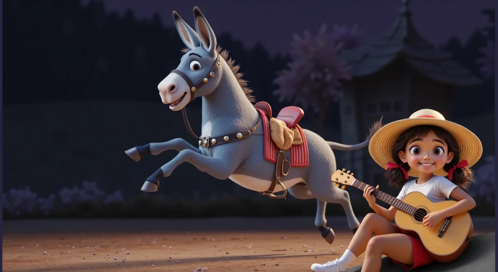 Inspired by Disney Pixar movies and 3D characters, create an image of a mixed-race girl, daughter of a white mother and black father, white skin and curly hair tied in two ponytails, with a large sun hat hanging on her back, a plain white t-shirt, red shorts, white socks and white sneakers playing the guitar, leaning against a rock WHILE HER DONKEY DANCES IN THE BACKGROUND