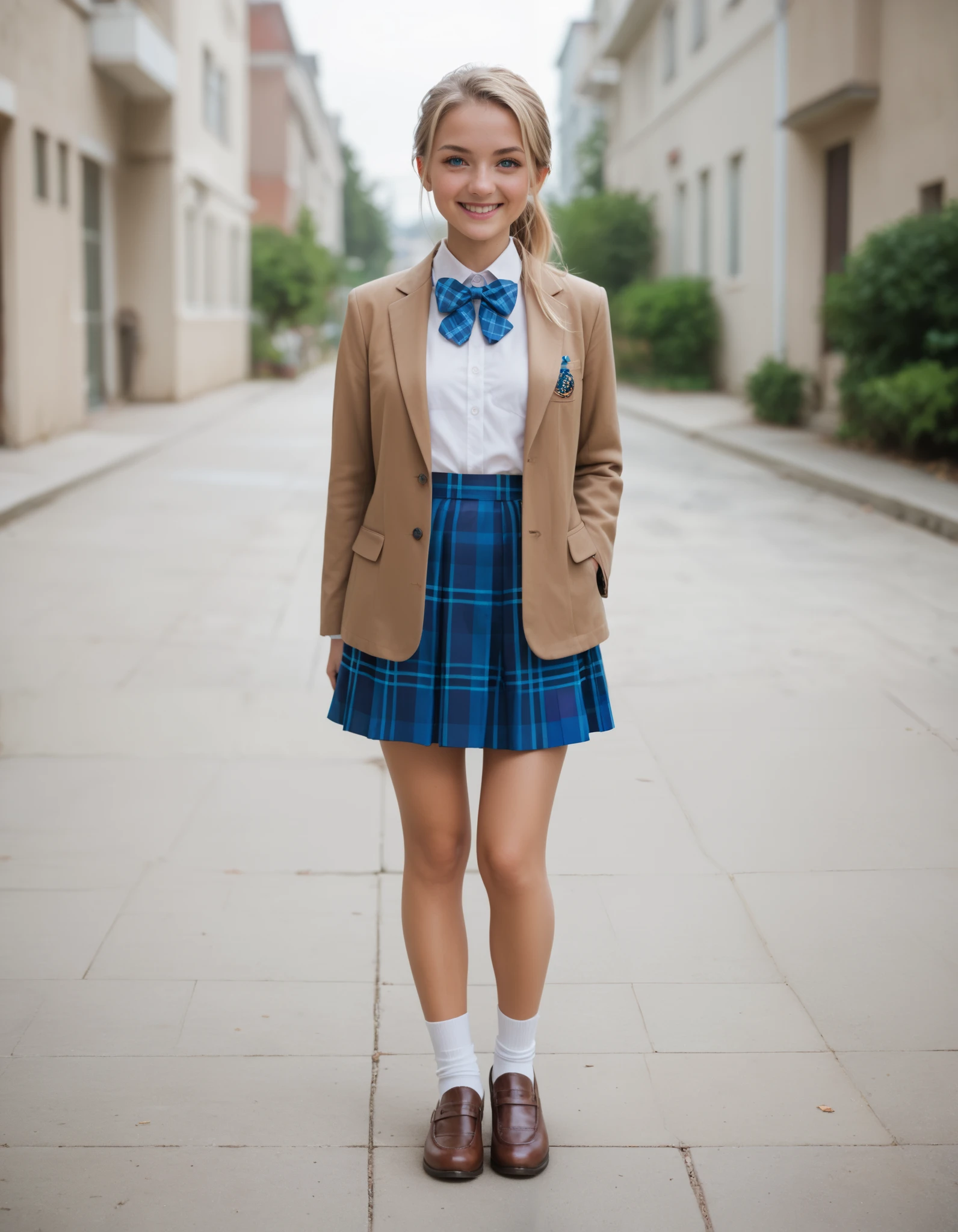 Masterpiece, hd, realistic, 1girl, short body, Slender body, small breasts, thing leg, blonde ponytail hair and blue eyes, wearing white collared shirt, brown blazer, blue bowtie, wearing purple skirt, miniskirt, plaid skirt, small  girl, cute girl, cute character, wearing brown shoes, white socks, smile, Standing,  outdoor, school, looking at viewer, fullbody