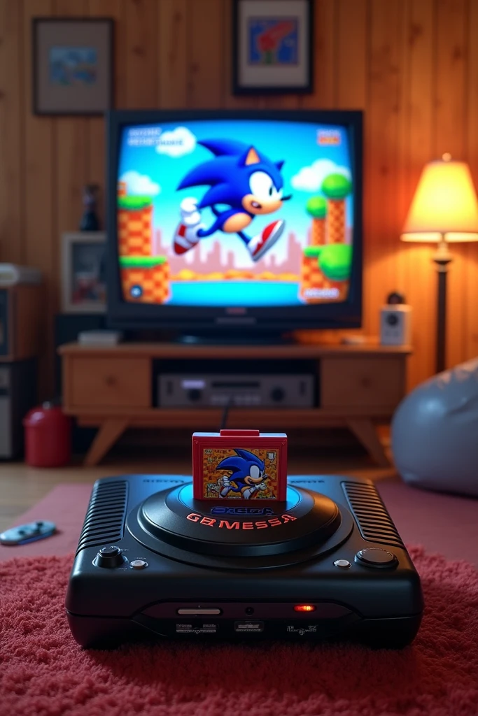 A 90's  Room and a tv with Sonic the hedgehog on the screen and a sega genesis console turned in with the catridge Sonic the hedgehog inside