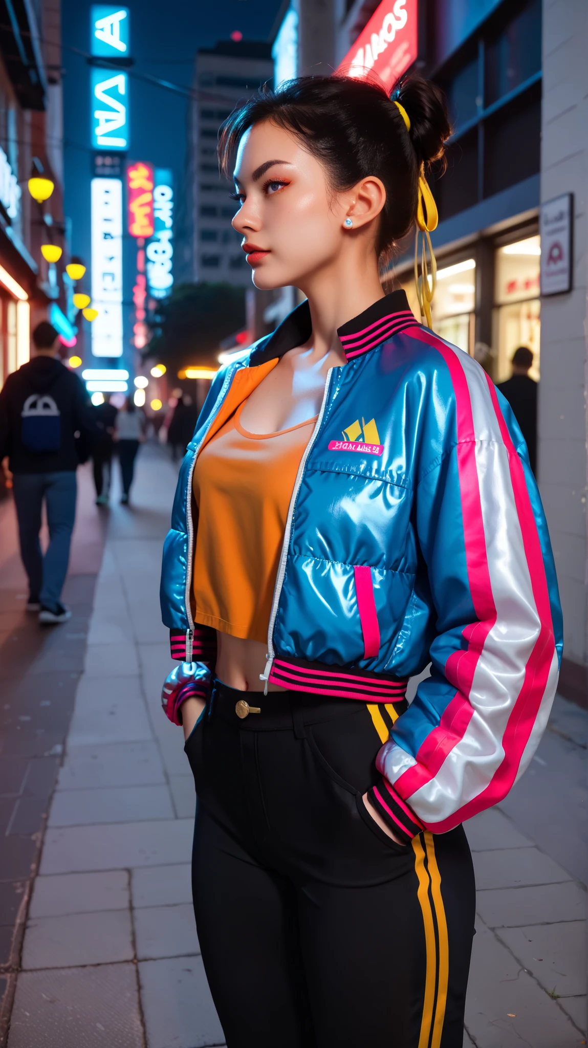  A woman with a powerful and impressive presence , with large and deep violet eyes ,  exuding strength and determination .  Her shiny black hair is tied in two tall bunches stylized with a touch of a contemporary ,  with colorful details on the tips and fringes that frame her face perfectly .  She wears a black sports cropped with neon details that enhance her athletic figure ,  combined with a transparent bomber jacket that reflects the glare of urban lights .  High-waisted cargo pants with utility pockets and futuristically designed sports sneakers complete your modern look .

 She walks confidently in an urban nocturnal environment ,  surrounded by modern architectural buildings and luminous signs that softly illuminate your path .  Her decisive posture and determined look highlight her strength ,  while the contrast between the brightness of the city lights and the surrounding darkness creates a vibrant, cinematic atmosphere.